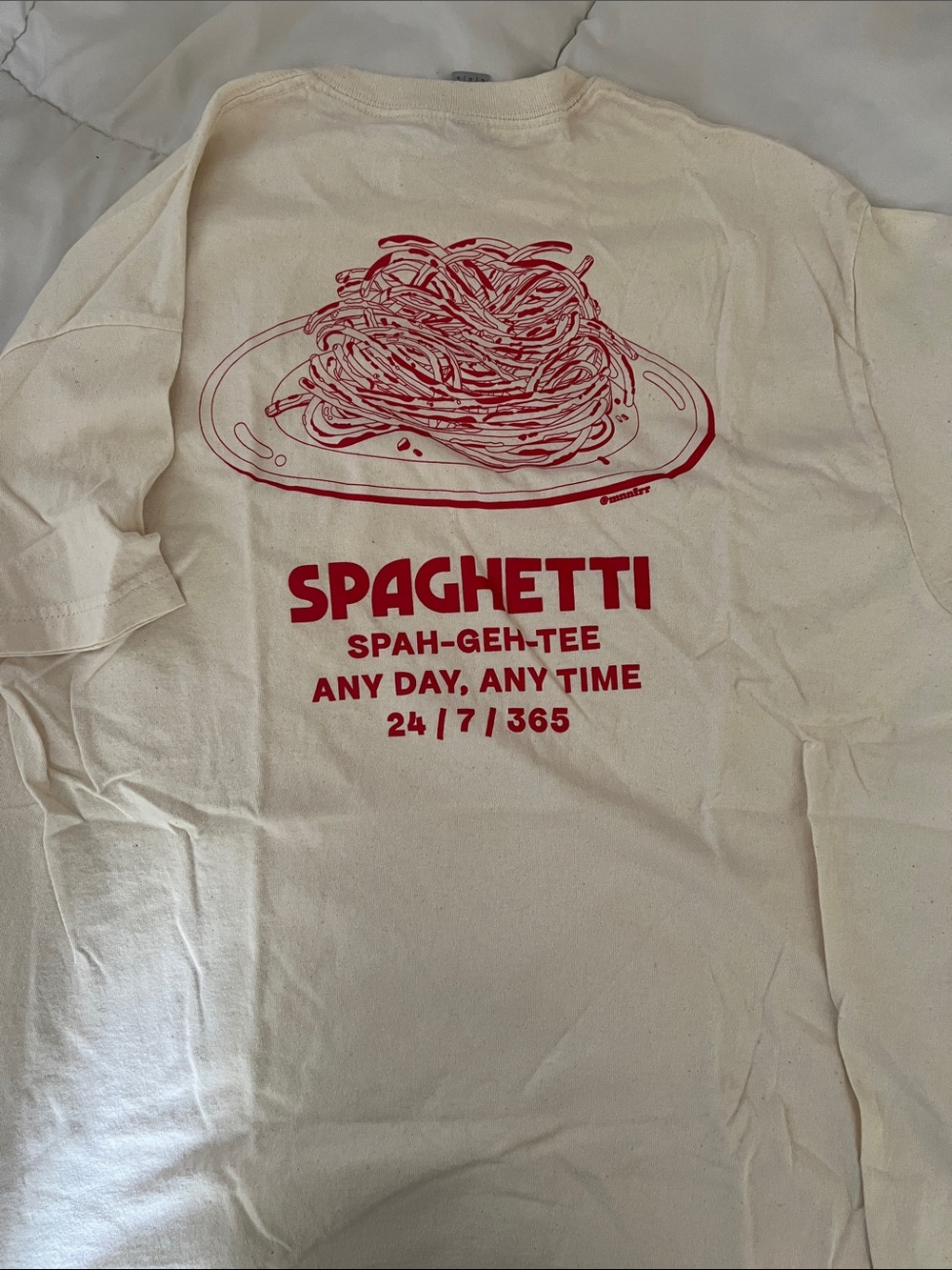Custom Cream Short-Sleeve Tee with Red Spaghetti Graphic